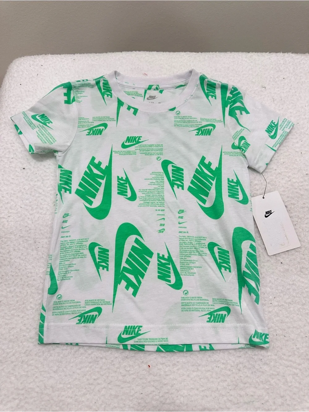 Boy’s Nike White Tee with Bright Green Allover Logo Print